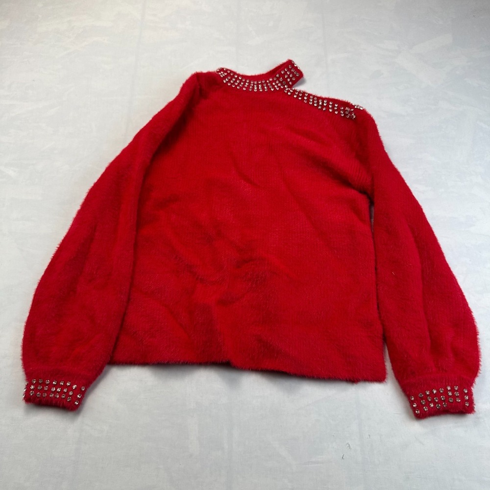 Calligraphie Sweater Womens Medium Red Mock Neck Fuzzy Rhinestone Embellishment